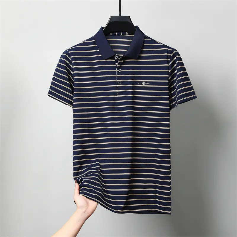 Fashion striped lapel short sleeve T-shirt high-end brand summer new item comfort exquisite letter emboss men casual polo shirt