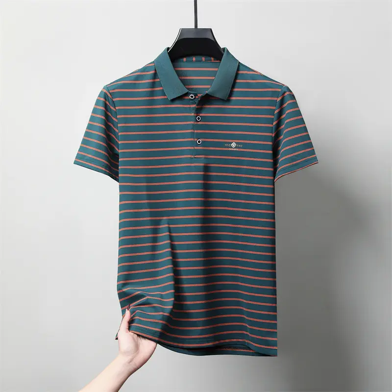 Fashion striped lapel short sleeve T-shirt high-end brand summer new item comfort exquisite letter emboss men casual polo shirt