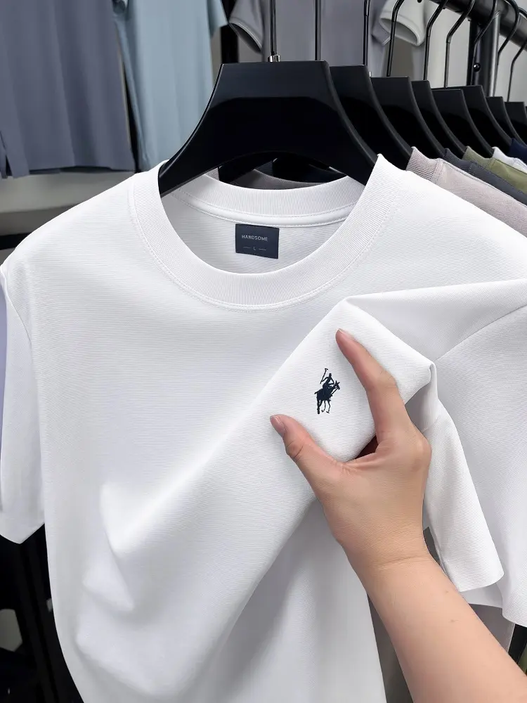 High end brand short sleeve T-shirt men's 2025summer new Paul embroidery design casual ice silk cotton breathable round neck top