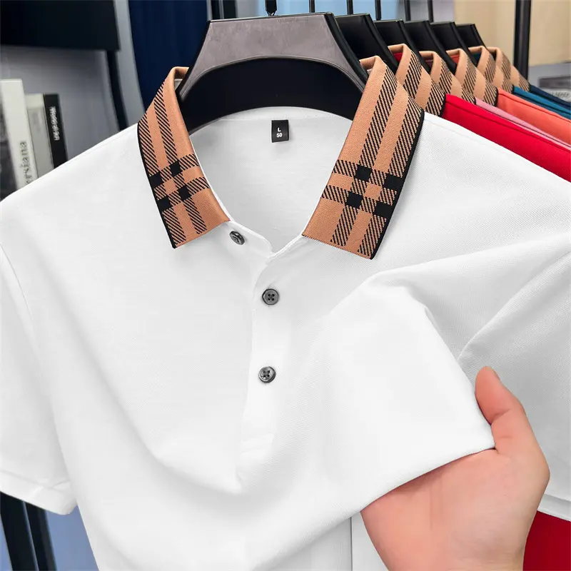 Fashion brand plaid lapel short sleeve polo shirt men summer new style simple solid color high-end business casual golf T-shirt