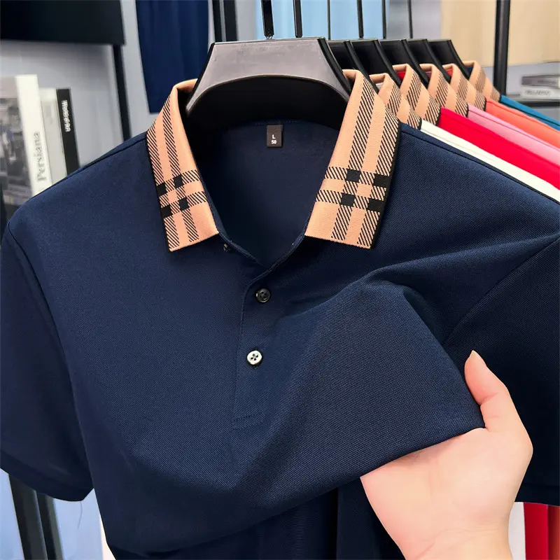 Fashion brand plaid lapel short sleeve polo shirt men summer new style simple solid color high-end business casual golf T-shirt