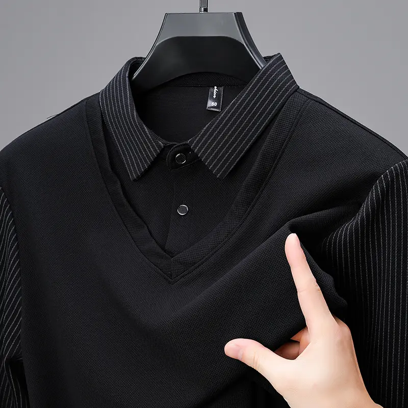 High end personalized shirt collar sweater men's autumn new fashion casual Korean version fake two piece long sleeved T-shirt