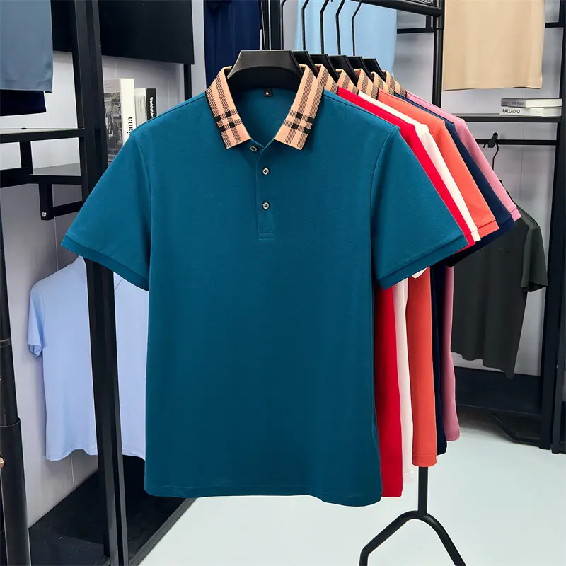 Fashion brand plaid lapel short sleeve polo shirt men summer new style simple solid color high-end business casual golf T-shirt