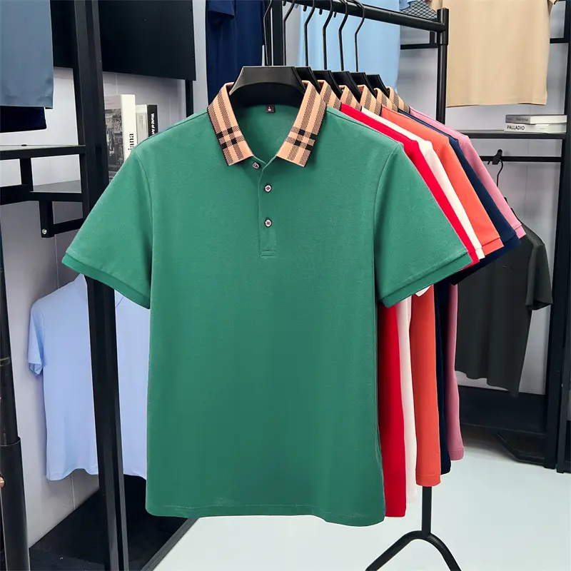 Fashion brand plaid lapel short sleeve polo shirt men summer new style simple solid color high-end business casual golf T-shirt