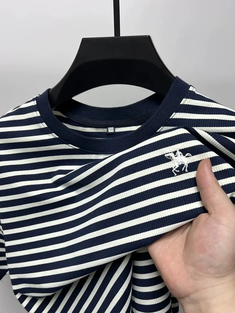 High quality striped short sleeve T-shirt men luxur fashion brand exquisite pony embroidery breathable summer round neck top
