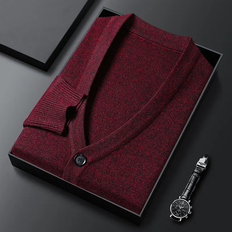Premium luxury solid color V-neck single breasted with pockets men's cardigan sweater classic business casual knitted outer set