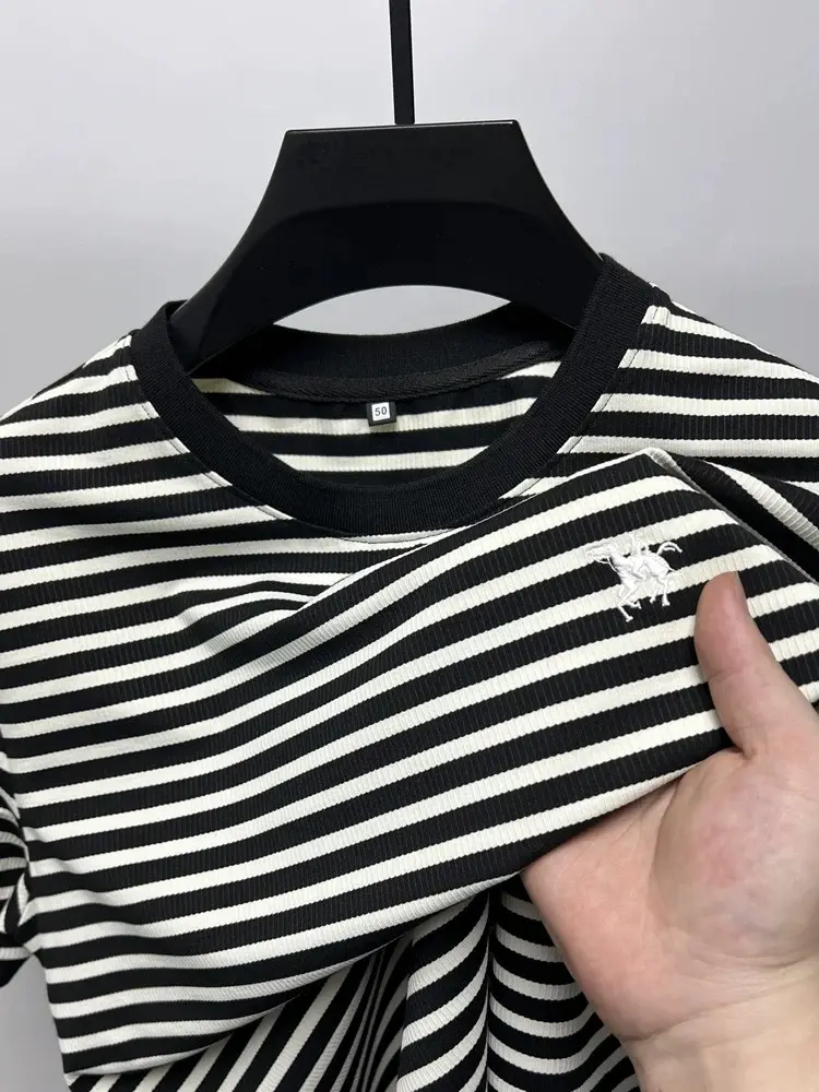 High quality striped short sleeve T-shirt men luxur fashion brand exquisite pony embroidery breathable summer round neck top