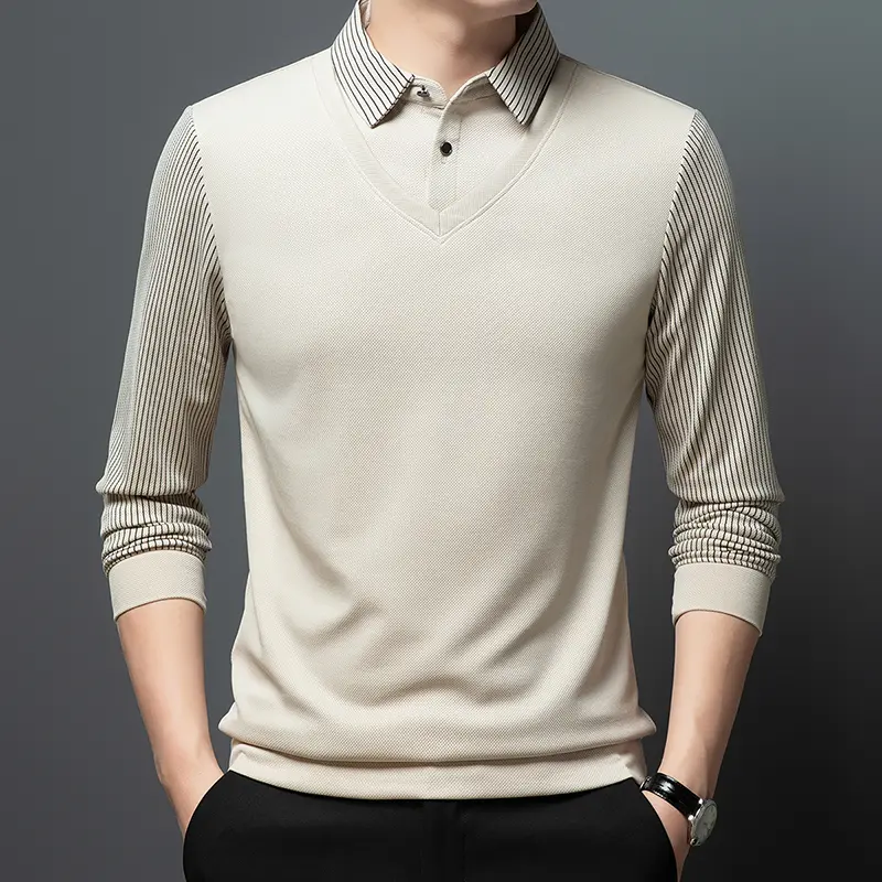 High end personalized shirt collar sweater men's autumn new fashion casual Korean version fake two piece long sleeved T-shirt