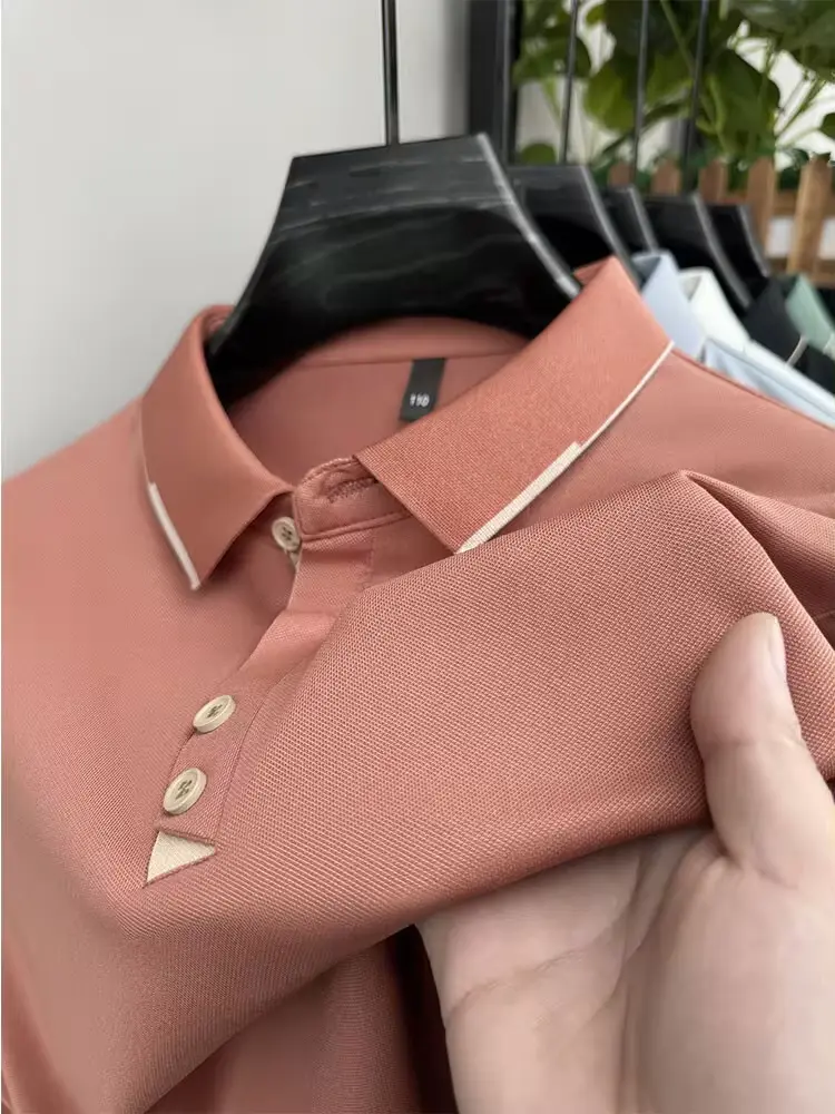 High quality ice silk short sleeve T-shirt men's summer fashion design solid color lapel top cool breathable casual POLO shirt