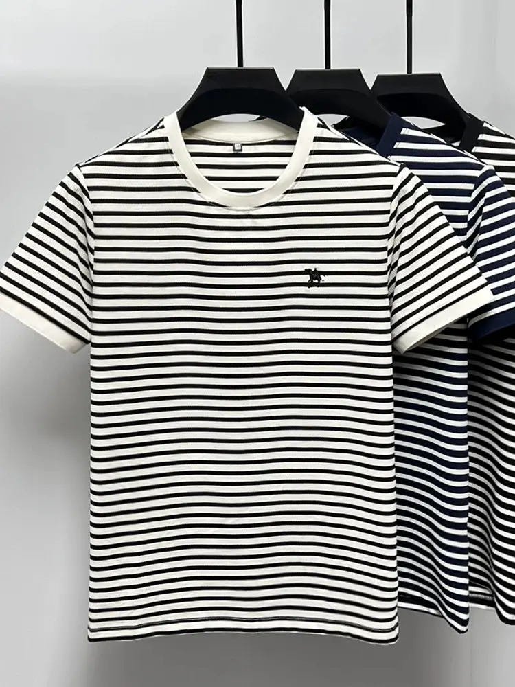 High quality striped short sleeve T-shirt men luxur fashion brand exquisite pony embroidery breathable summer round neck top