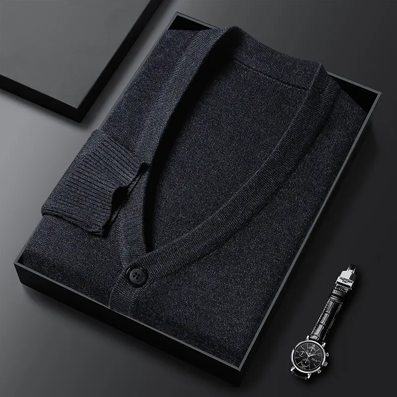 Premium luxury solid color V-neck single breasted with pockets men's cardigan sweater classic business casual knitted outer set