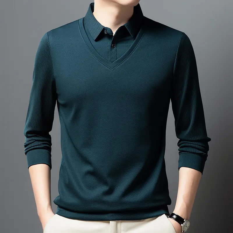 High end personalized shirt collar sweater men's autumn new fashion casual Korean version fake two piece long sleeved T-shirt