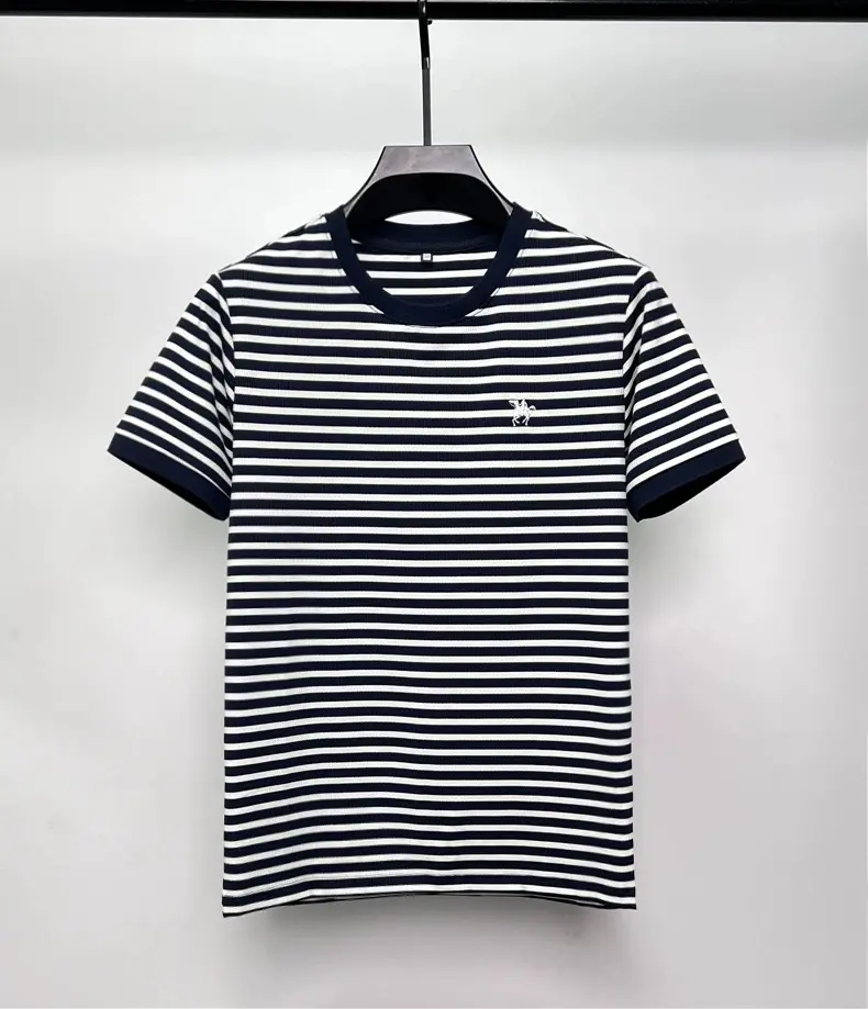 High quality striped short sleeve T-shirt men luxur fashion brand exquisite pony embroidery breathable summer round neck top
