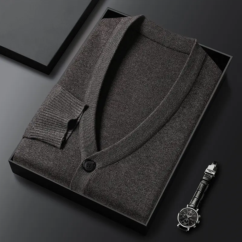 Premium luxury solid color V-neck single breasted with pockets men's cardigan sweater classic business casual knitted outer set