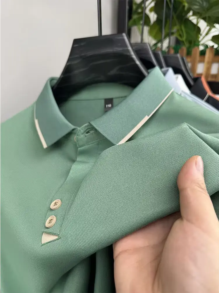 High quality ice silk short sleeve T-shirt men's summer fashion design solid color lapel top cool breathable casual POLO shirt