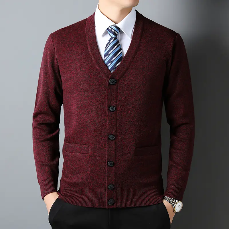 Premium luxury solid color V-neck single breasted with pockets men's cardigan sweater classic business casual knitted outer set