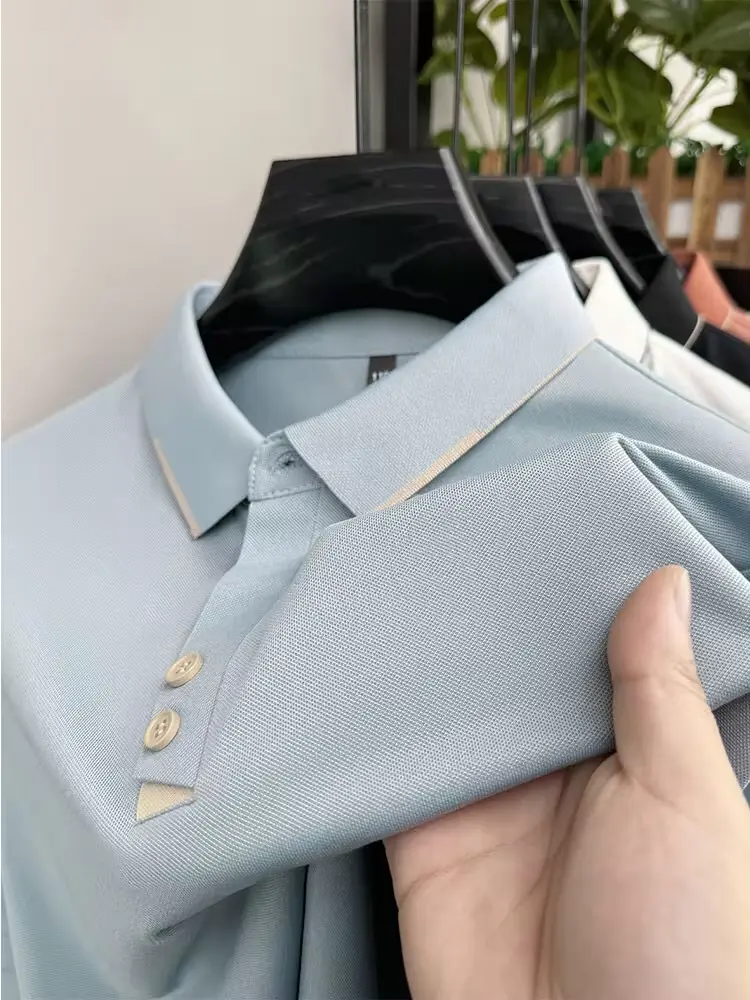 High quality ice silk short sleeve T-shirt men's summer fashion design solid color lapel top cool breathable casual POLO shirt