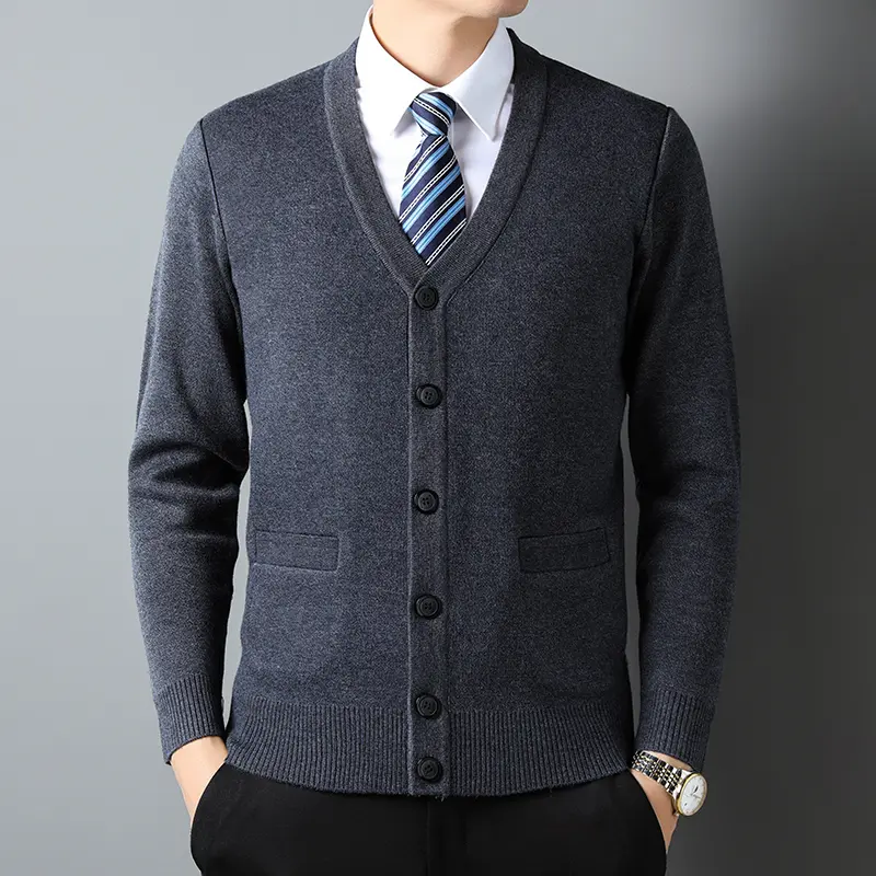Premium luxury solid color V-neck single breasted with pockets men's cardigan sweater classic business casual knitted outer set
