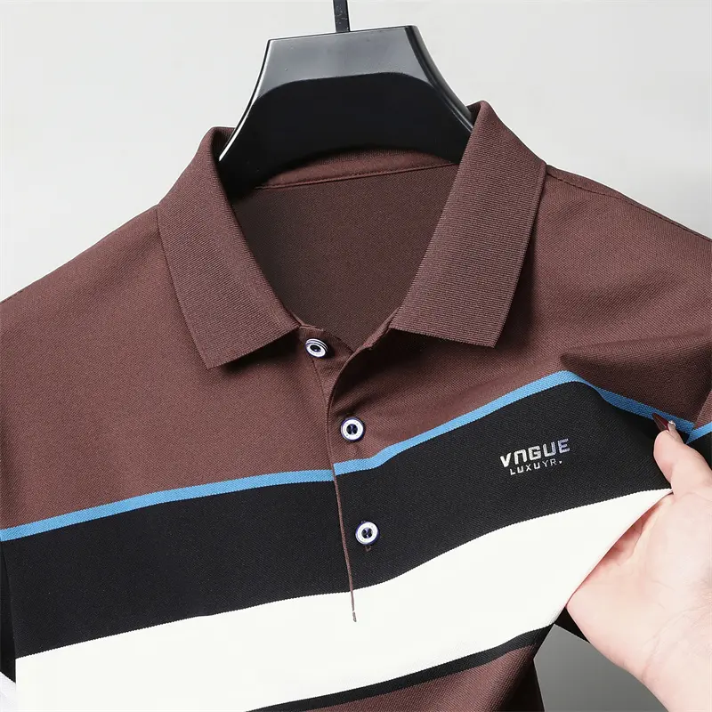 Luxury brand men short sleeve polo shirt trend stripe decoration exquisite emboss comfort silk cotton summer breathable T-shirt