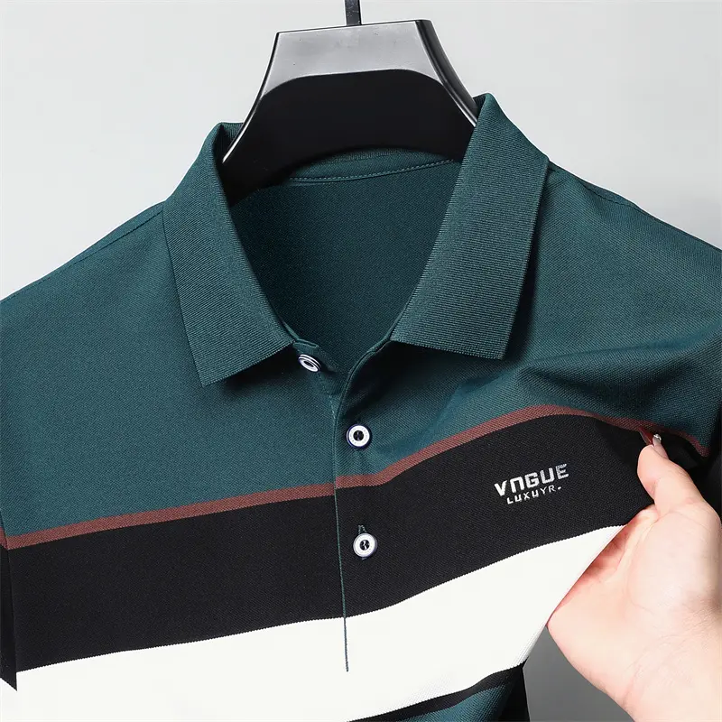 Luxury brand men short sleeve polo shirt trend stripe decoration exquisite emboss comfort silk cotton summer breathable T-shirt