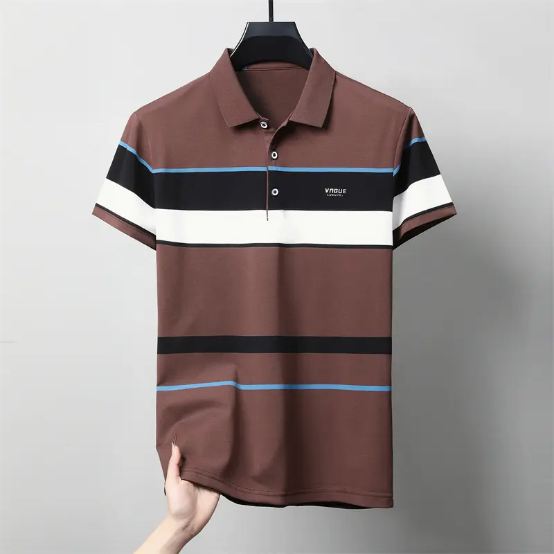 Luxury brand men short sleeve polo shirt trend stripe decoration exquisite emboss comfort silk cotton summer breathable T-shirt