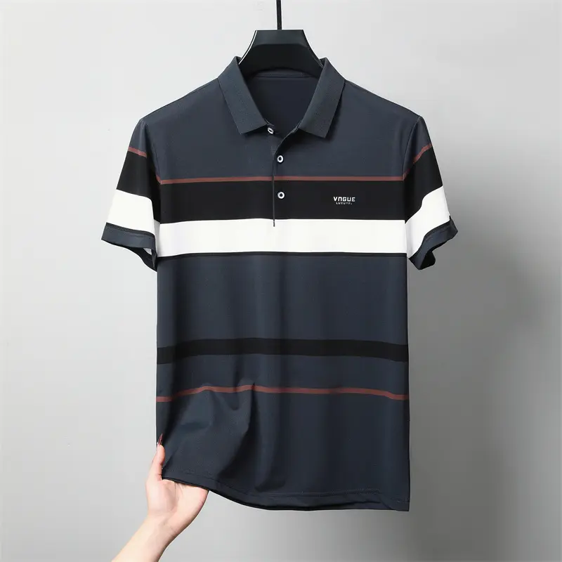 Luxury brand men short sleeve polo shirt trend stripe decoration exquisite emboss comfort silk cotton summer breathable T-shirt