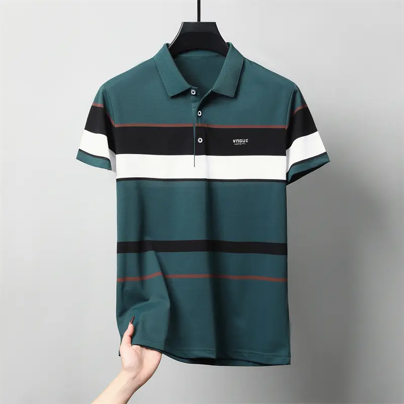 Luxury brand men short sleeve polo shirt trend stripe decoration exquisite emboss comfort silk cotton summer breathable T-shirt