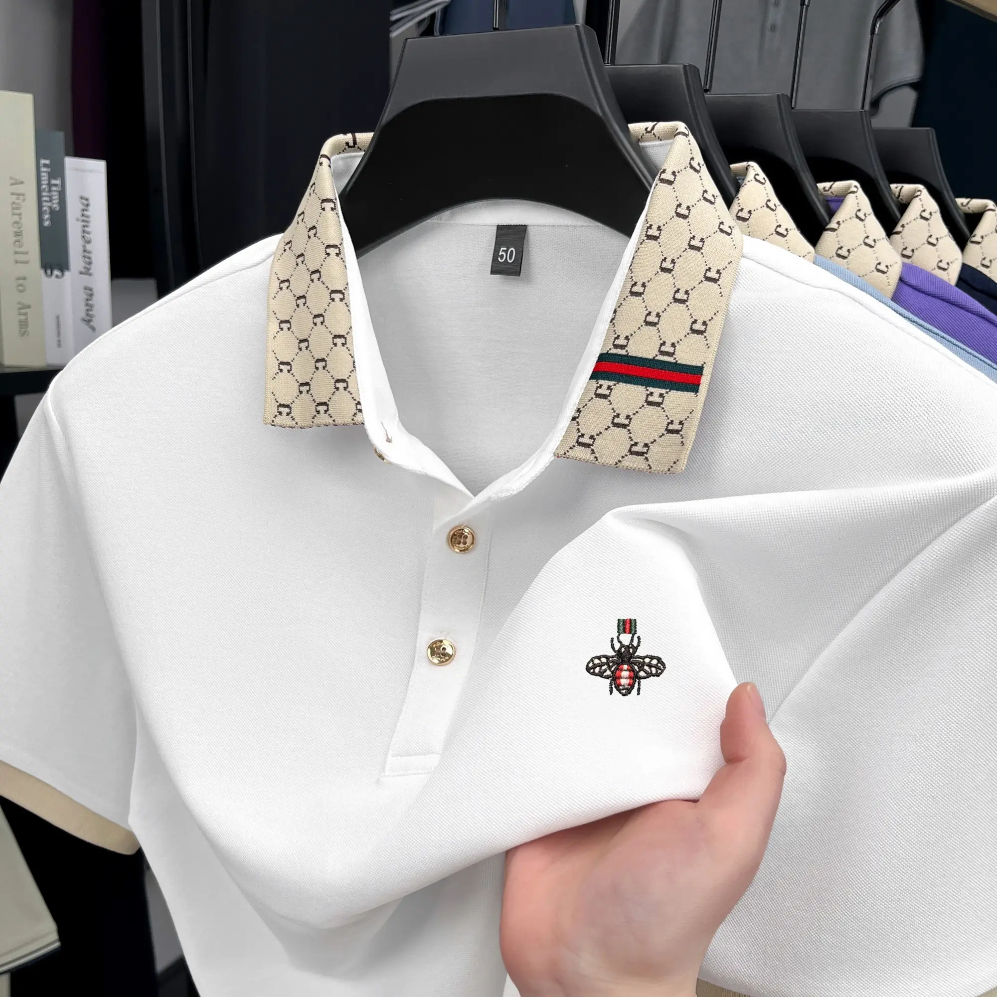 Luxury brand fashion short sleeve polo shirt men's summer trend bee embroidered color blocking casual business comfort T-shirt