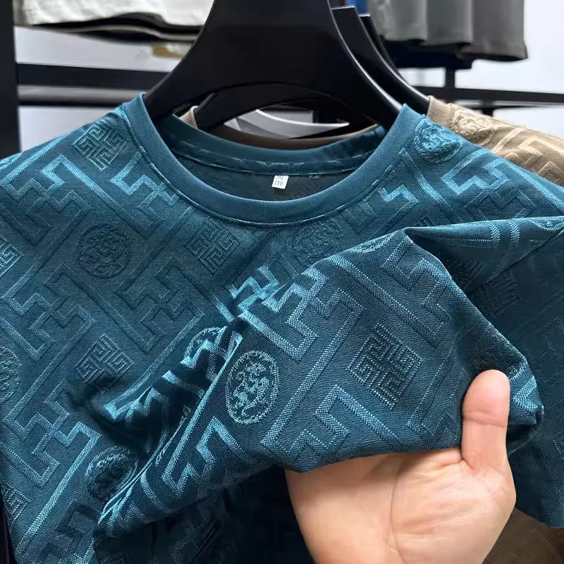 Advanced Ice Silk Breathable Short Sleeve Men's Round Neck Top Summer Luxury Brand Jacquard Loose Casual Solid Color T-shirt
