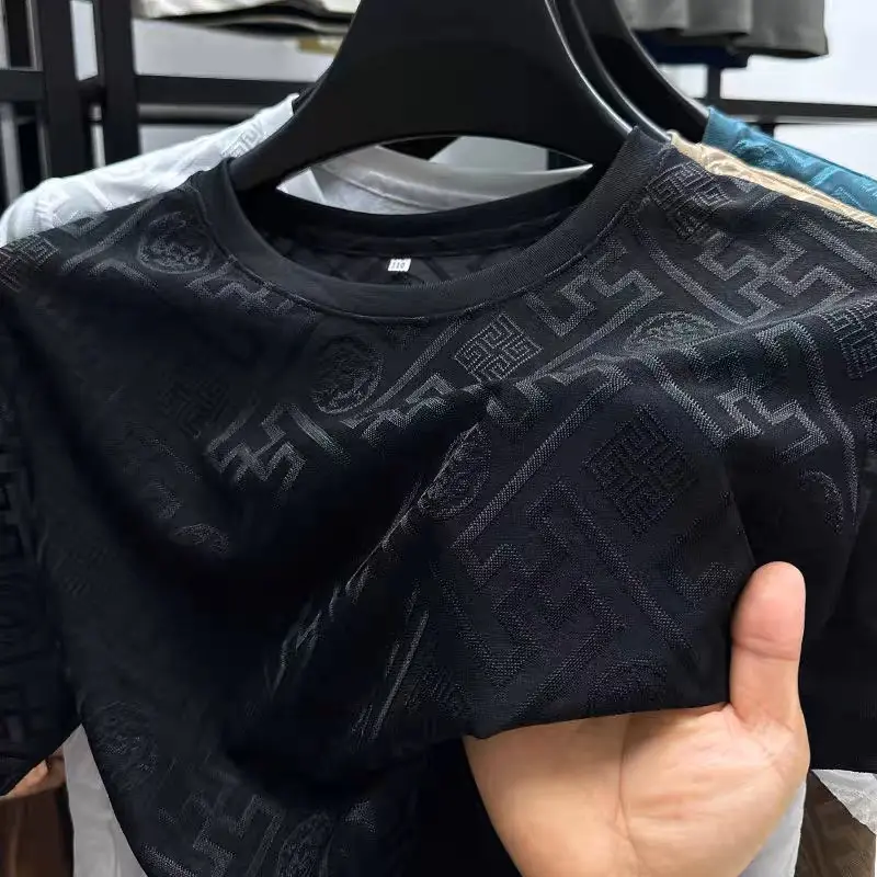 Advanced Ice Silk Breathable Short Sleeve Men's Round Neck Top Summer Luxury Brand Jacquard Loose Casual Solid Color T-shirt