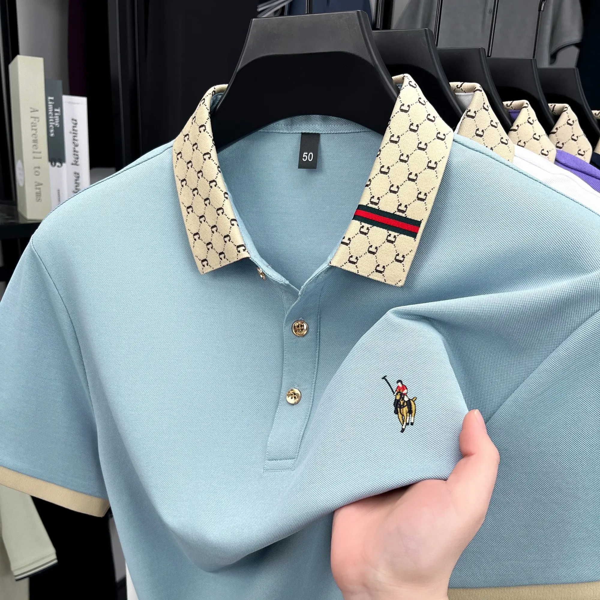 High end brand men's short sleeve polo shirt luxury pony embroidery summer comfortable casual trend color blocked lapel T-shirt