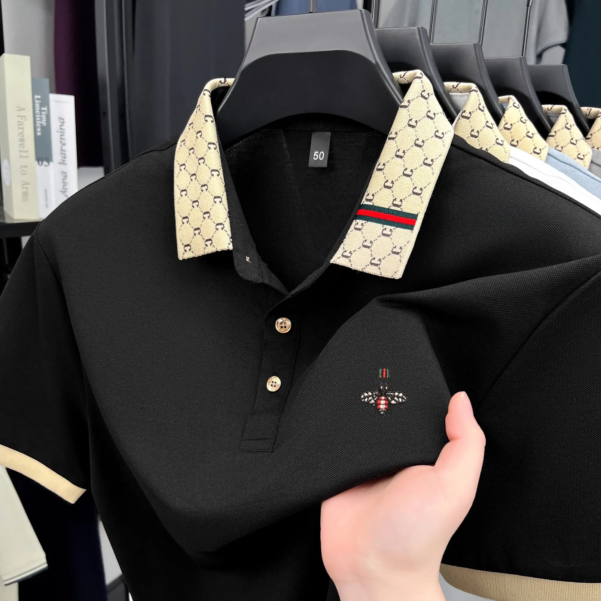 Luxury brand fashion short sleeve polo shirt men's summer trend bee embroidered color blocking casual business comfort T-shirt