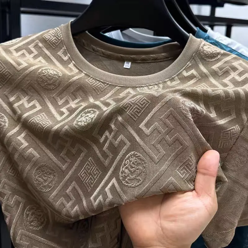 Advanced Ice Silk Breathable Short Sleeve Men's Round Neck Top Summer Luxury Brand Jacquard Loose Casual Solid Color T-shirt