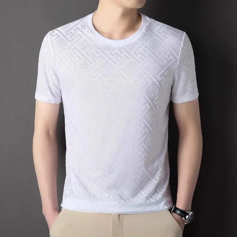 Advanced Ice Silk Breathable Short Sleeve Men's Round Neck Top Summer Luxury Brand Jacquard Loose Casual Solid Color T-shirt