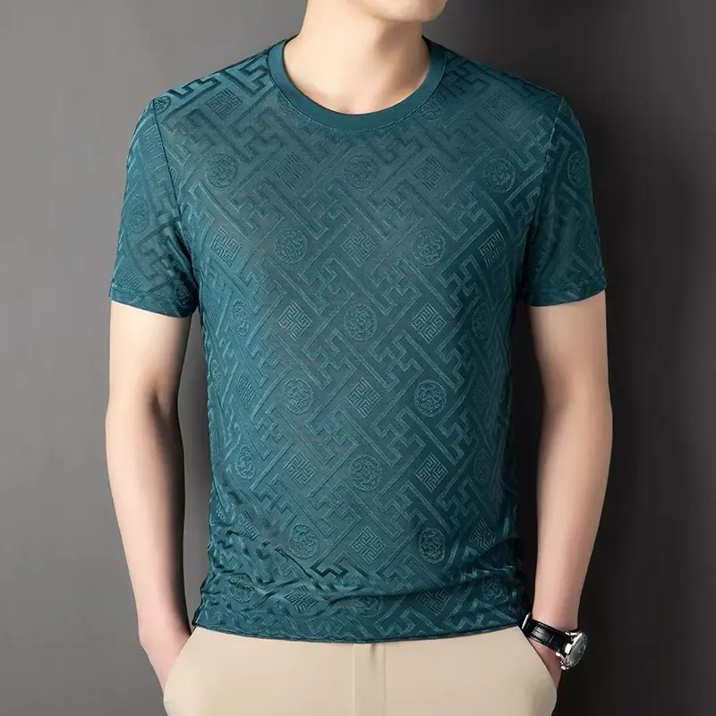 Advanced Ice Silk Breathable Short Sleeve Men's Round Neck Top Summer Luxury Brand Jacquard Loose Casual Solid Color T-shirt