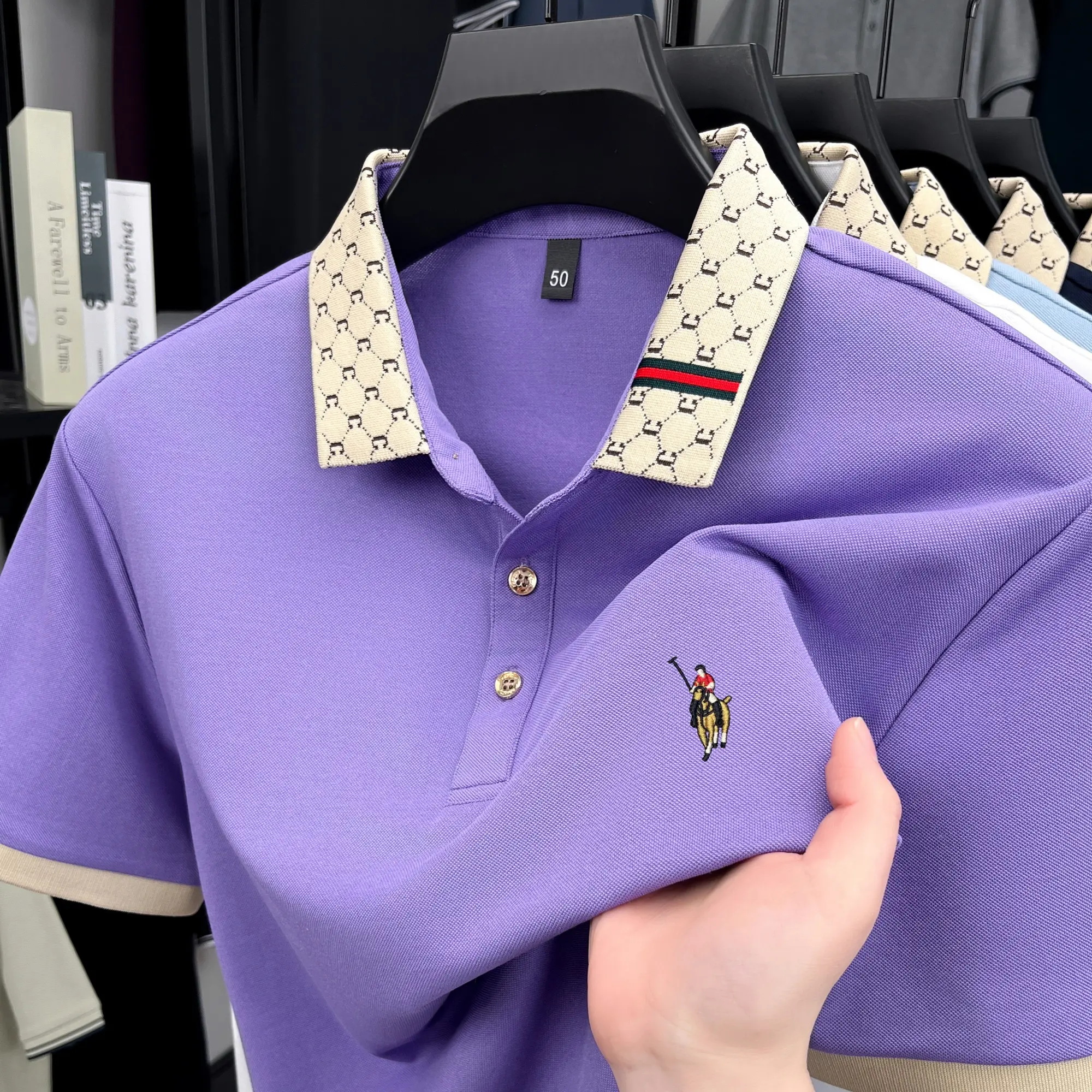 High end brand men's short sleeve polo shirt luxury pony embroidery summer comfortable casual trend color blocked lapel T-shirt