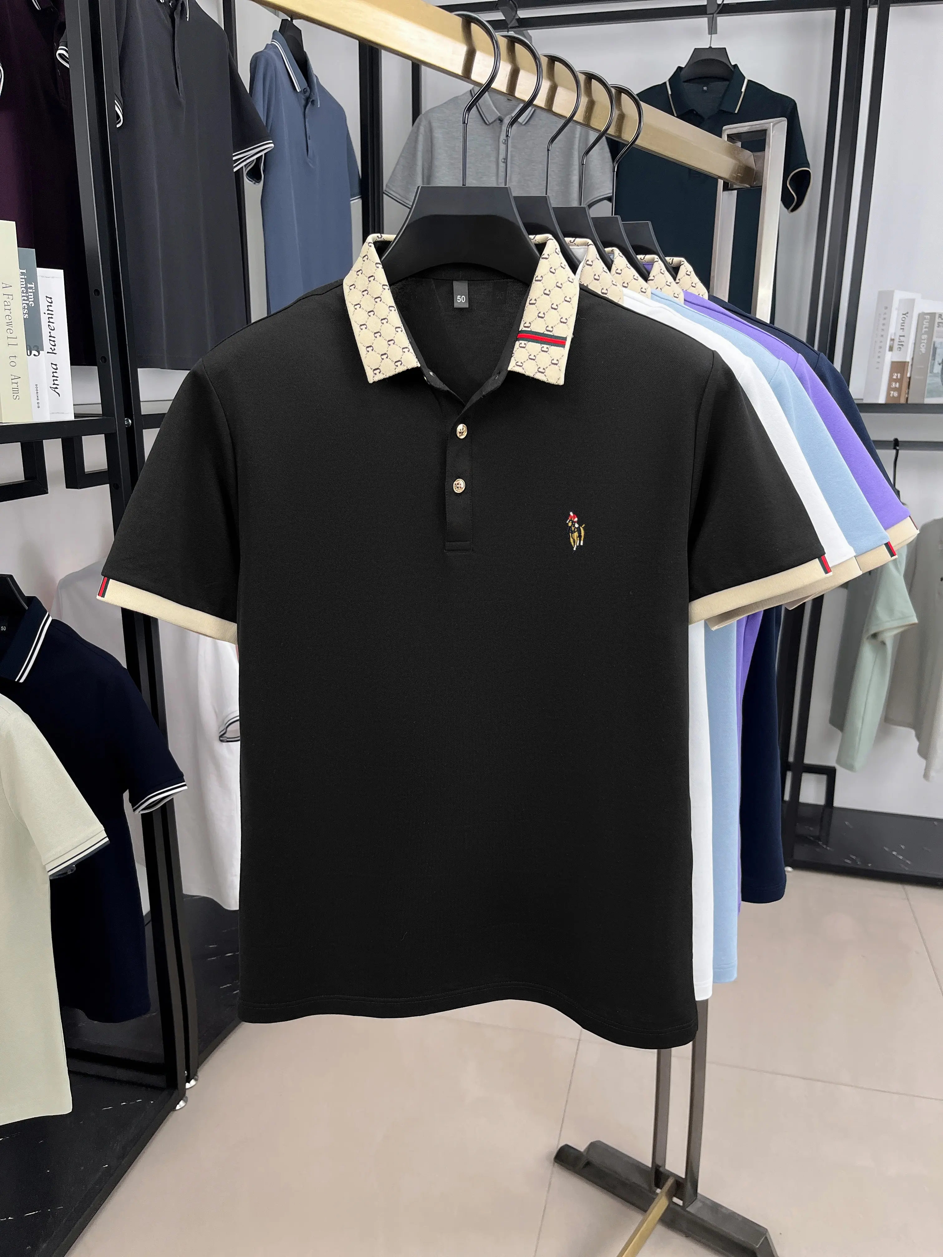 High end brand men's short sleeve polo shirt luxury pony embroidery summer comfortable casual trend color blocked lapel T-shirt