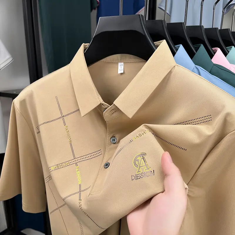 High-end ice silk men short sleeve polo shirt summer comfortable casual luxurious brand letter printed fashionable lapel T-shirt