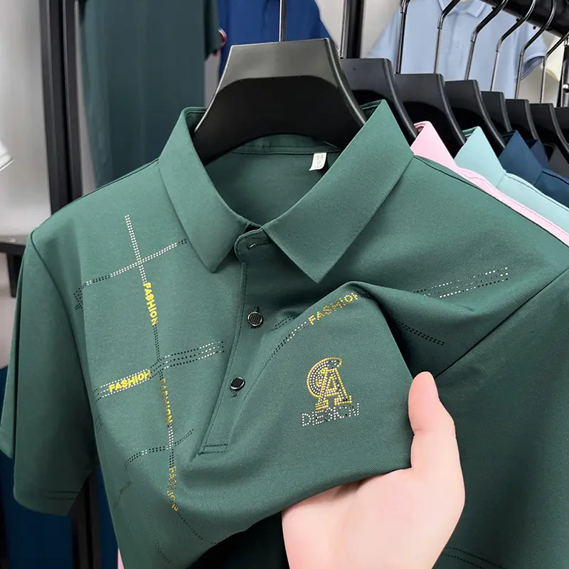 High-end ice silk men short sleeve polo shirt summer comfortable casual luxurious brand letter printed fashionable lapel T-shirt