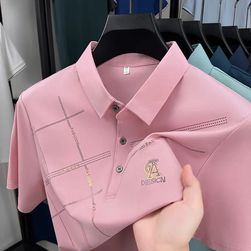 High-end ice silk men short sleeve polo shirt summer comfortable casual luxurious brand letter printed fashionable lapel T-shirt