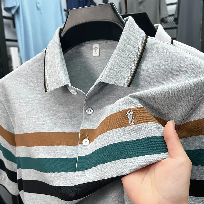 High end brand embroidery short sleeve polo shirt summer comfort casual T-shirt classic striped color blocked trendy men's wear