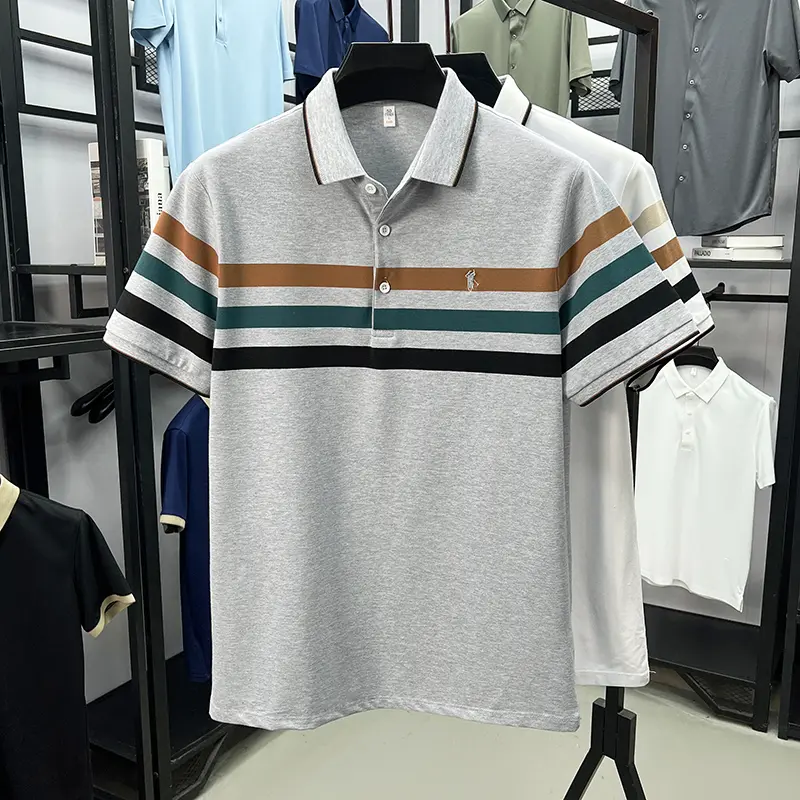 High end brand embroidery short sleeve polo shirt summer comfort casual T-shirt classic striped color blocked trendy men's wear
