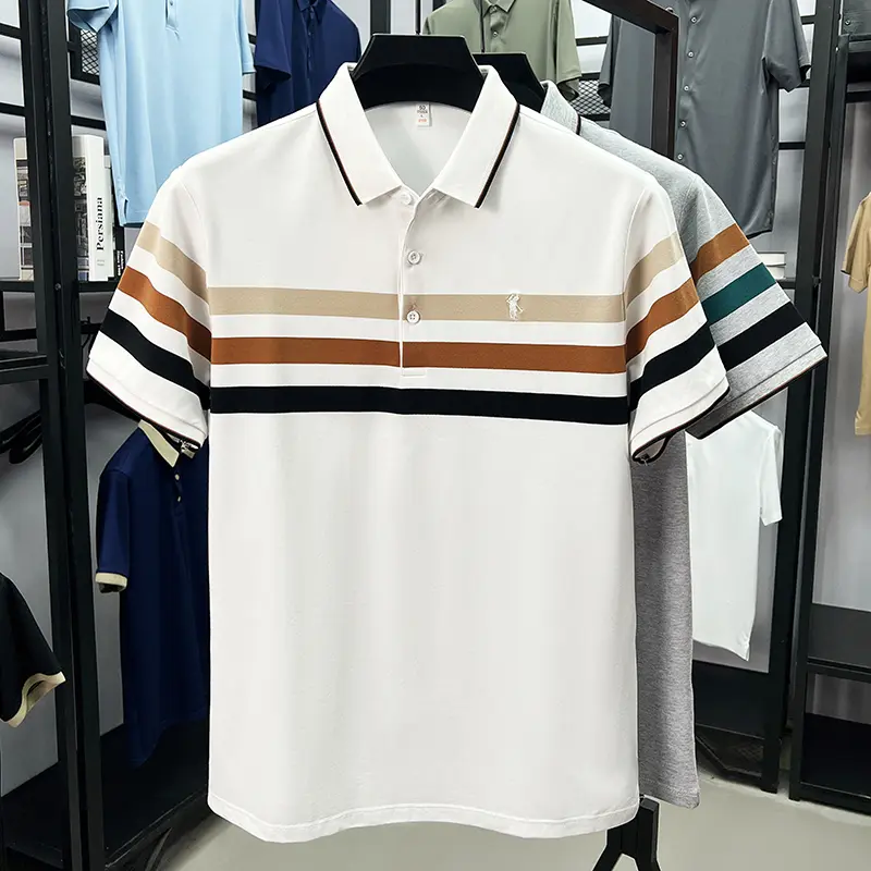 High end brand embroidery short sleeve polo shirt summer comfort casual T-shirt classic striped color blocked trendy men's wear