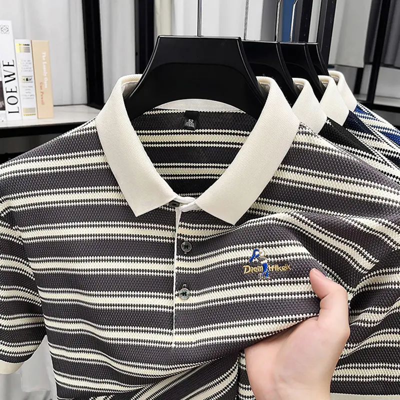 Classic striped men polo shirt summer cool breathable short sleeve fashion brand letter embroidery luxuriou casual lapel T-shirt