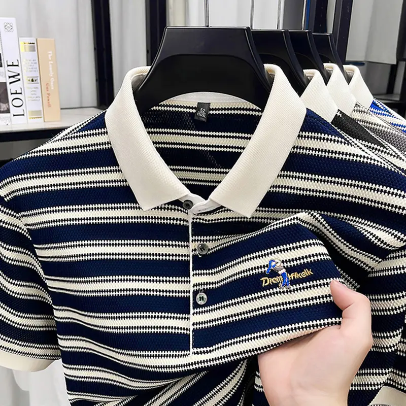 Classic striped men polo shirt summer cool breathable short sleeve fashion brand letter embroidery luxuriou casual lapel T-shirt
