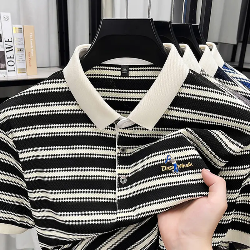Classic striped men polo shirt summer cool breathable short sleeve fashion brand letter embroidery luxuriou casual lapel T-shirt