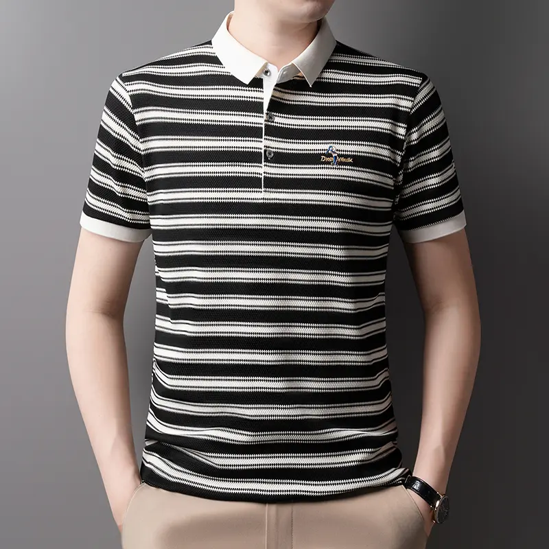 Classic striped men polo shirt summer cool breathable short sleeve fashion brand letter embroidery luxuriou casual lapel T-shirt