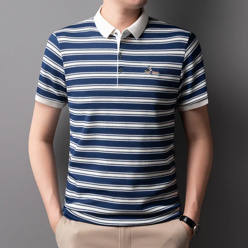 Classic striped men polo shirt summer cool breathable short sleeve fashion brand letter embroidery luxuriou casual lapel T-shirt