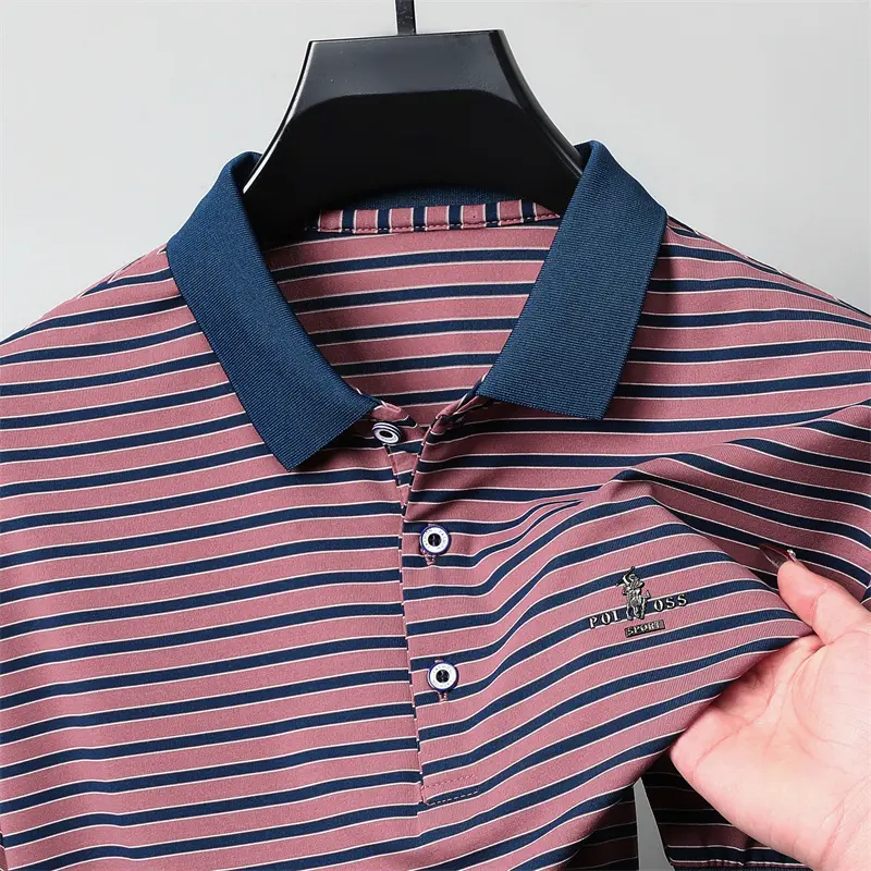 High end brand symbol emboss short sleeve polo shirt light luxury striped T-shirt summer breathable comfortable new men's top