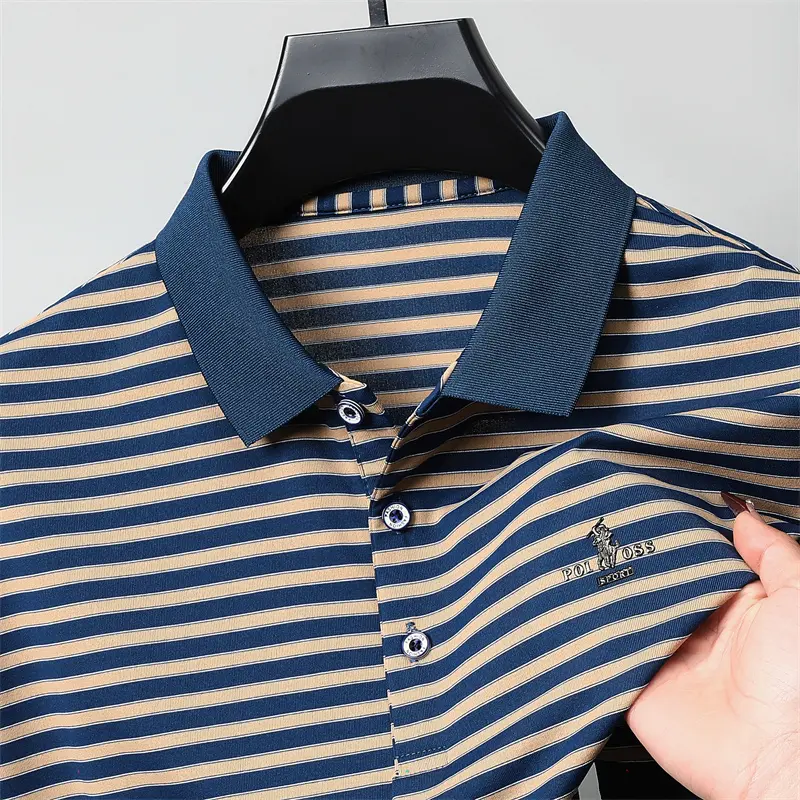 High end brand symbol emboss short sleeve polo shirt light luxury striped T-shirt summer breathable comfortable new men's top